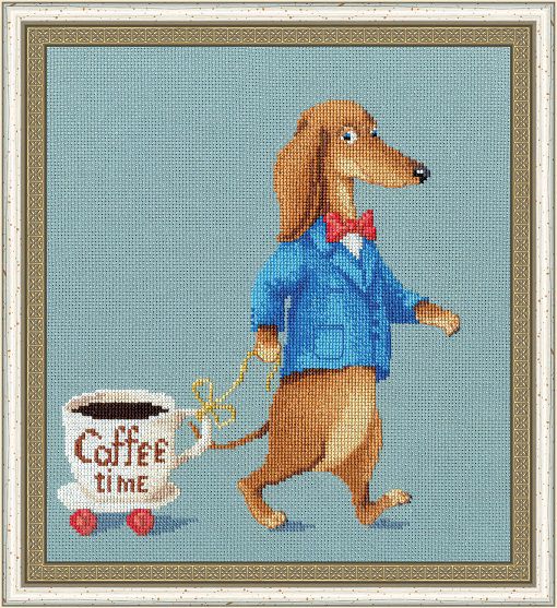 ВК-044 Набор для вышивания Золотое Руно "Такса с чашкой кофе"